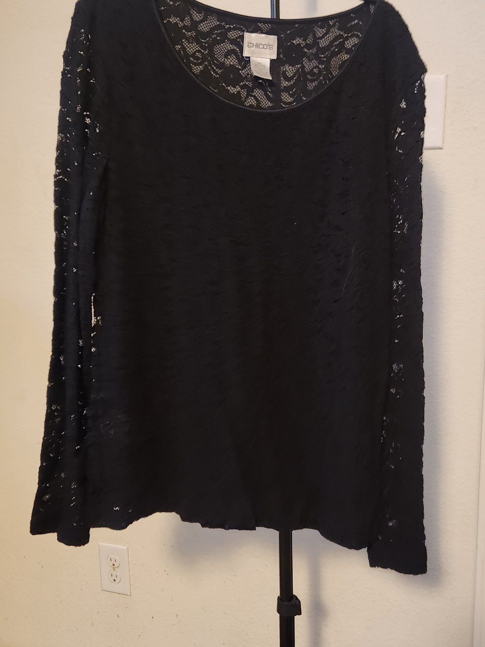 Chico's Black Sheer Lace Long-Sleeve Tee